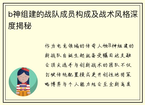 b神组建的战队成员构成及战术风格深度揭秘