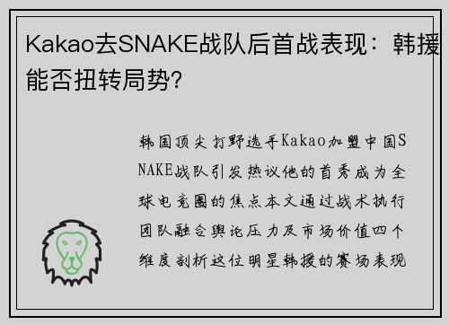 Kakao去SNAKE战队后首战表现：韩援能否扭转局势？