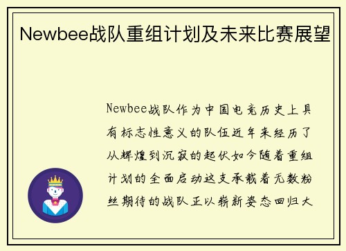 Newbee战队重组计划及未来比赛展望